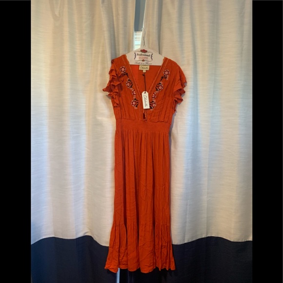 Cleobella Dresses & Skirts - Cleobella Orange Maxi Dress with Floral Embroidery